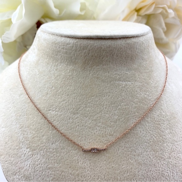 14K Solid Rose Gold Diamond Baguette Bar 16”-18” Adjustable Necklace - Picture 2 of 7
